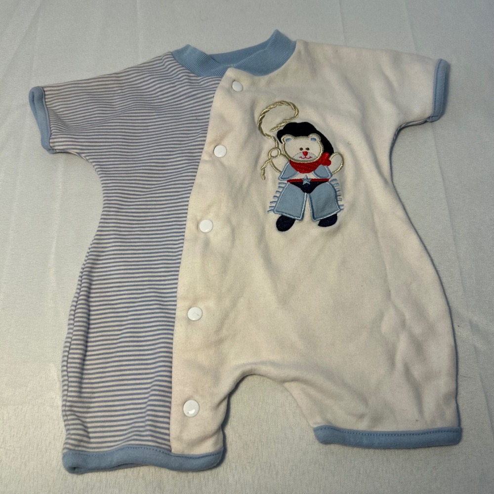 Vintage‎ Little Cadet Preemie Baby Onesie Cowboy Bear Striped Romper Outfit